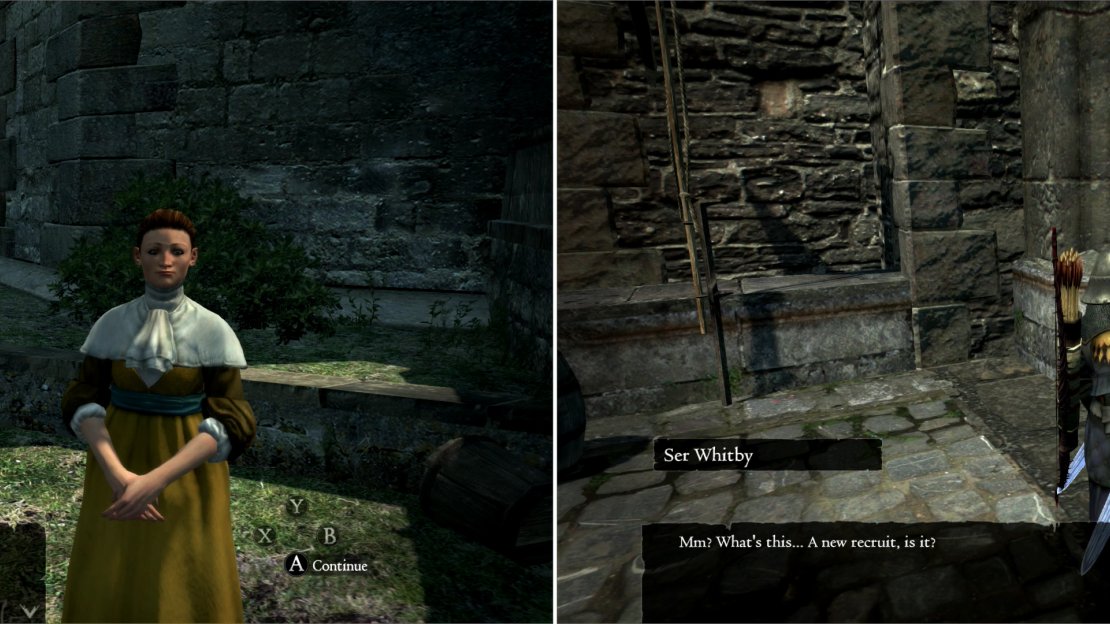 After the discovery of your previous misadventure with Aelinore, she’s found herself in a spot of trouble (left). Disguise yourself as a guard to gain entry to the Duke’s northern manse (right).