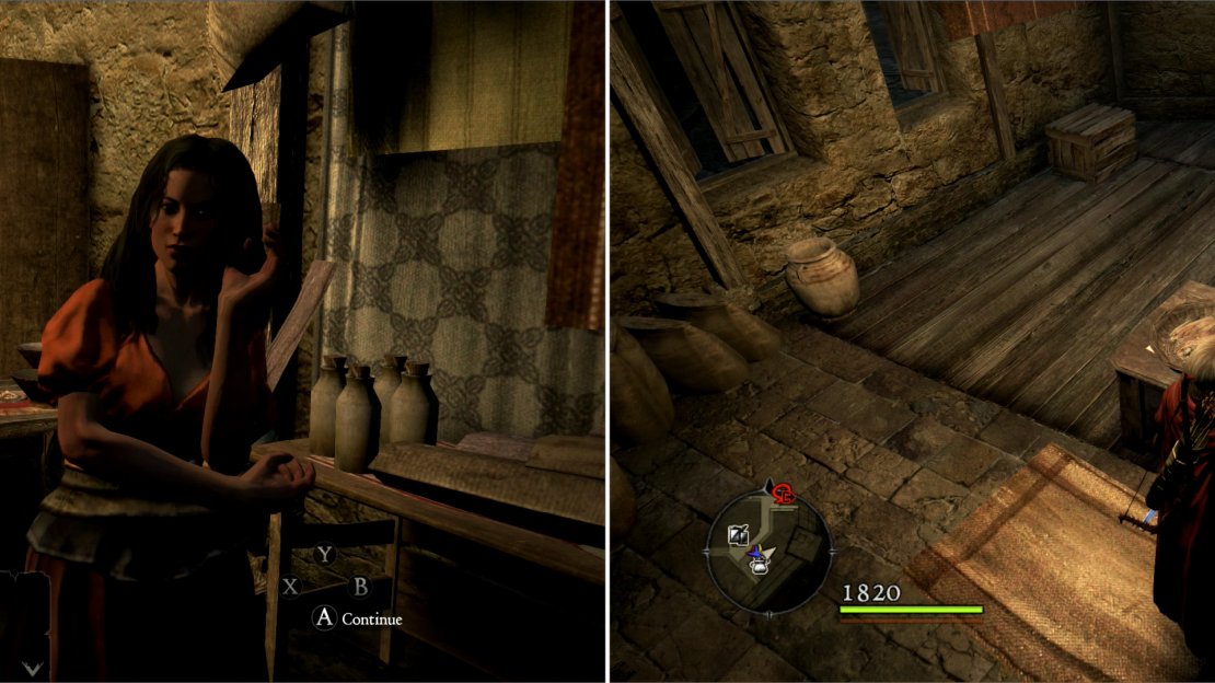 Inside Madeleine’s shop you’ll fin Katlyn, instead, who tells you of Madeleine’s flight (left). Pick up the Divine Razors that Madeleine abandoned in her haste (right).
