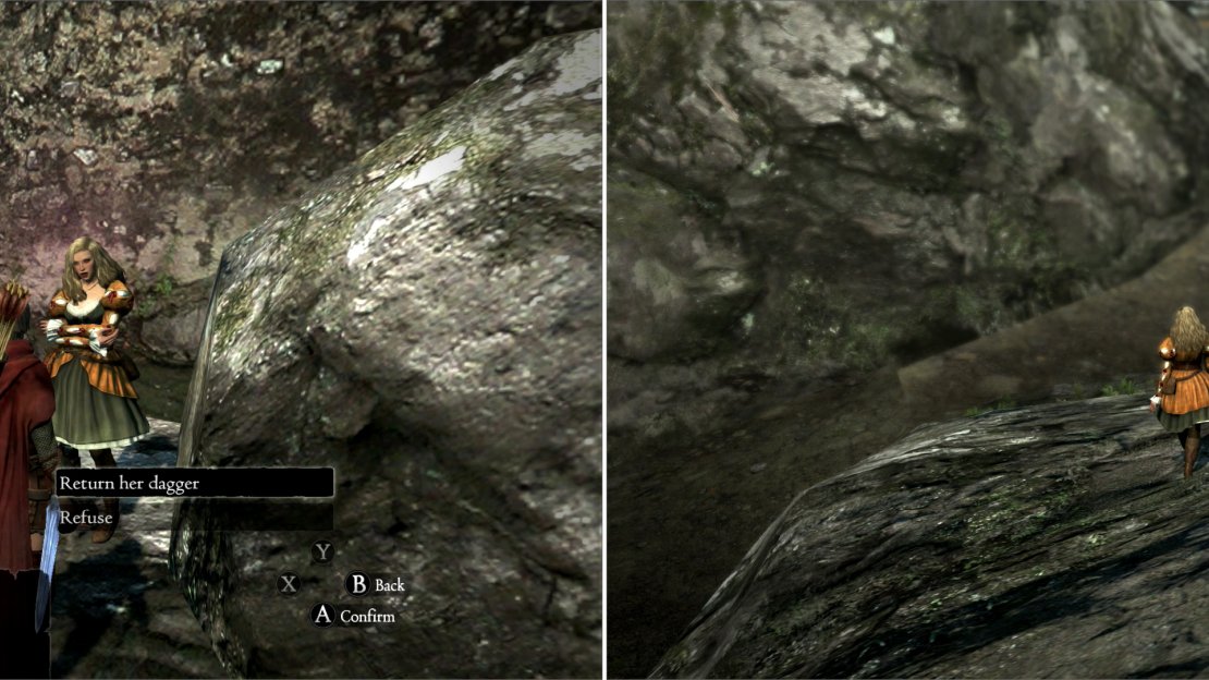 Give Madeleine her daggers back to improve you disposition towards you (left), after which Madeleine will flee Gransys for good (right).
