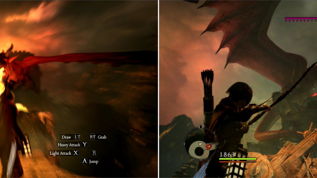 Move across the collapsing bridge as the Dragon makes fiery fly-by attacks (left). If you’ve got a ranged weapon, you can drive the Dragon off its roost (right).