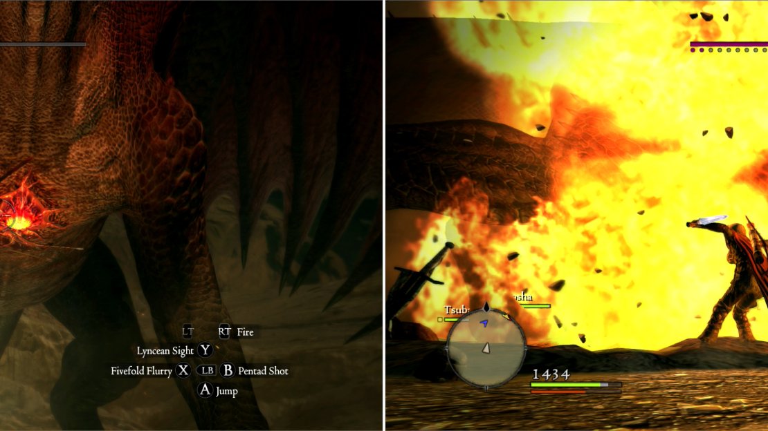 The Dragon’s heart, of course, is its vulnerable spot (left). The Dragon has many ways to harm Arisens that challenge it, but fire is perhaps its most spectacular - and iconic - form of offense (right).