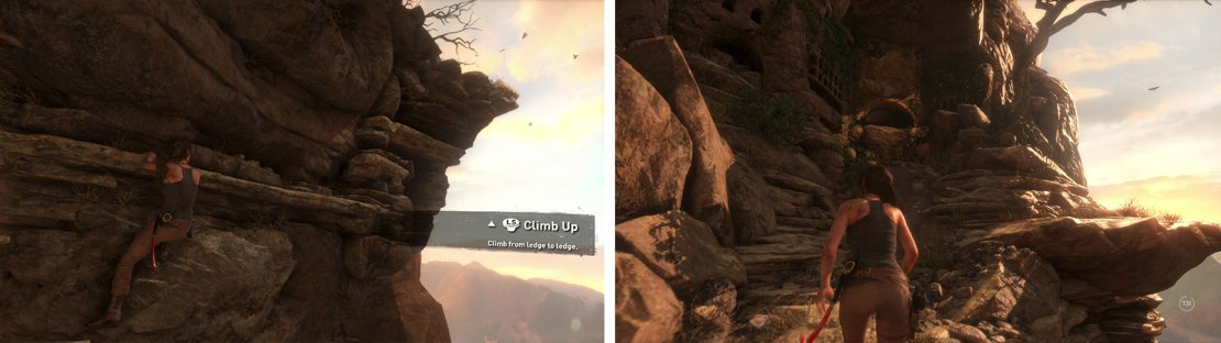 Climb the cliff (left) until you reach the entrance (right). Look on the ledge to the right for a Relic.