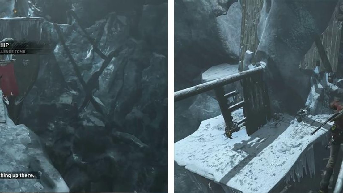 Use the bowspirit to reach the ice ship (left). Climb up and use the masts to reach the bucket - jump onto this to smash the ice on the wall (right).
