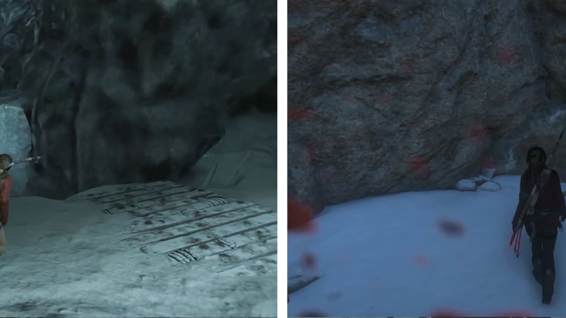 Follow the set path (left) until you reach the pool of water. Upon surfacing at the far end, turn around to find Document 04 (right).