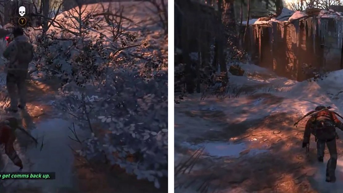 Sneak up and take down the first enemy on the path (left). Use the bottle to distract one of the enemies and use a stealth takedown or bow to take down the other (right).