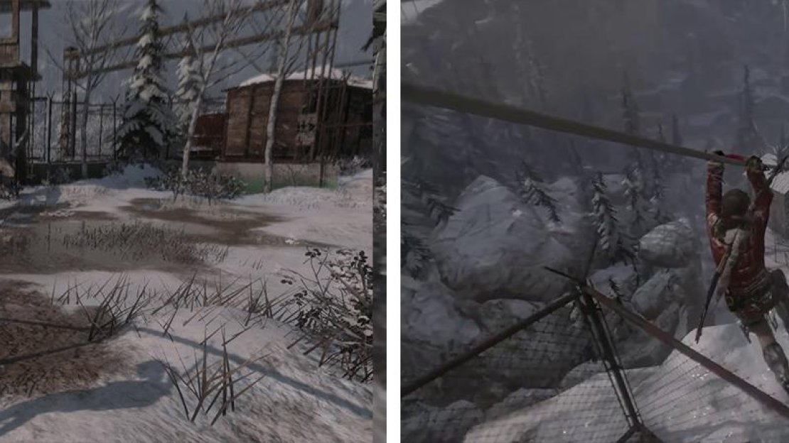As you approach the guard tower you’ll find Survival Cache 04 nearby (left). When you are ready to continue use the tower to reach a zipline to the next area (right).