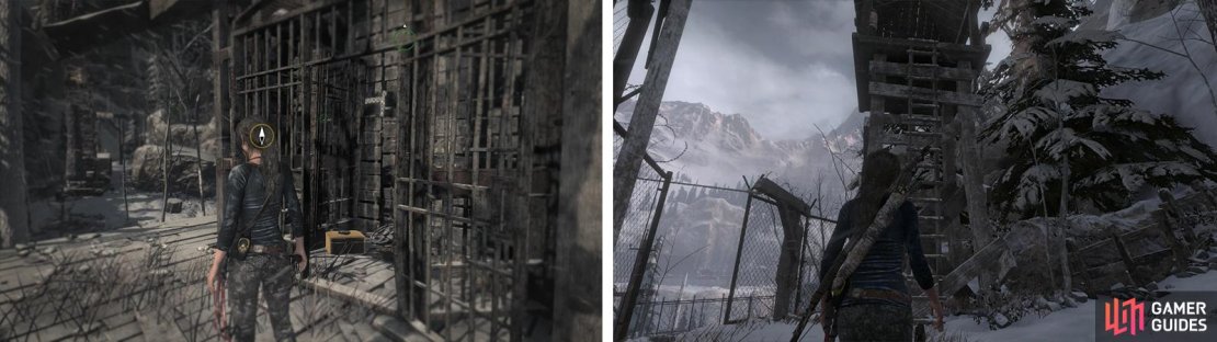In the north part of the saw mill you&rsquo;ll find Relic 02 (left). Across the river to the north is a guard tower with Relic 03 (right). Repeater 02 is near this.