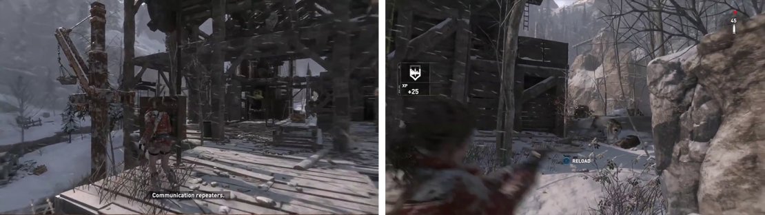 The first repeater is at the saw mill (left). Watch out for the pack of wolves roaming nearby (right).