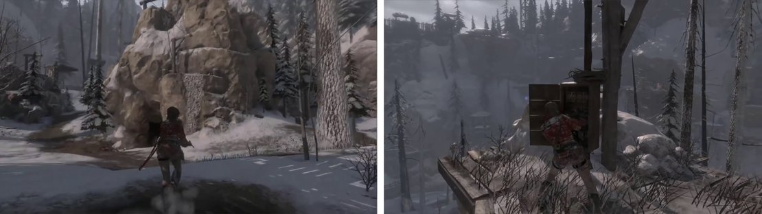 Climb the rocky structure to the east of the saw mill (left) and at the top you&rsquo;ll find Repeater 03 (right).