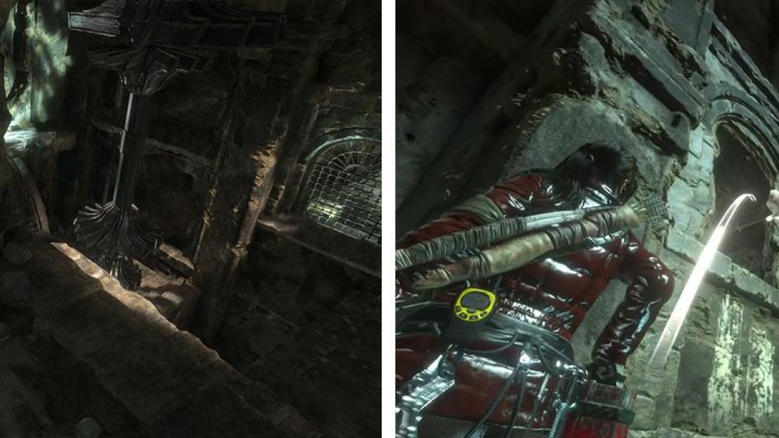 In the second chamber, look for Document 08 in a raised alcove (left). Return to the main chamber and use the raft to throw a gas can into the new opening (right).