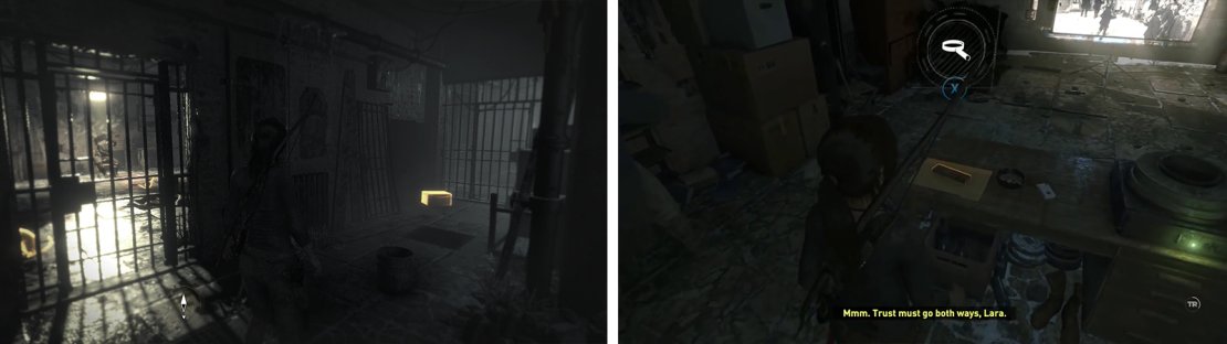 before leaving the cell area, look for Relic 06 to the right of the doorway (left). In the room with the projector you&rsquo;ll find Document 12 (right).