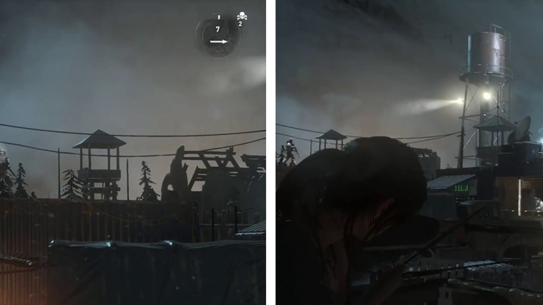 Take out the lookout on the raised walkway first (left) before focusing on the other enemies (right).