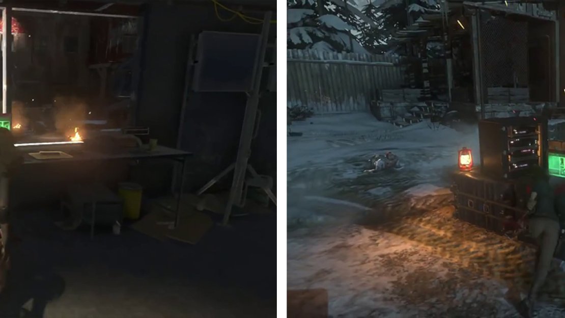 After opening the gate from the communications building (left). Destroy the Laptops in the courtyard before proceeding (right).