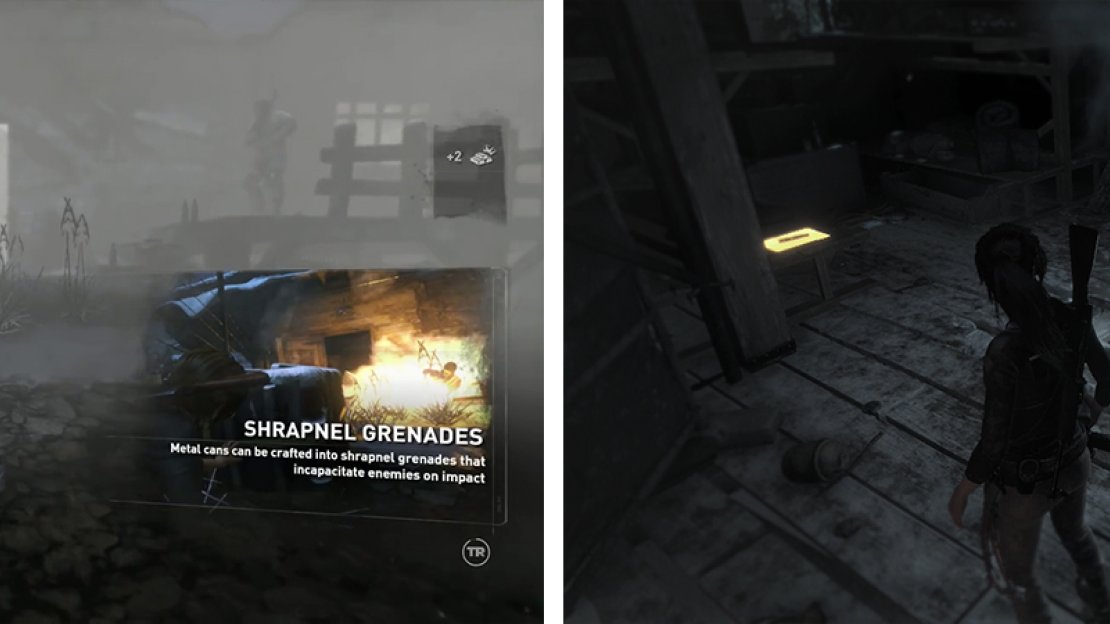 Craft a grenade to kill the enemies in front (left). Inside you’ll find a Laptop and Document 15 (right) before dropping down the hole to continue.