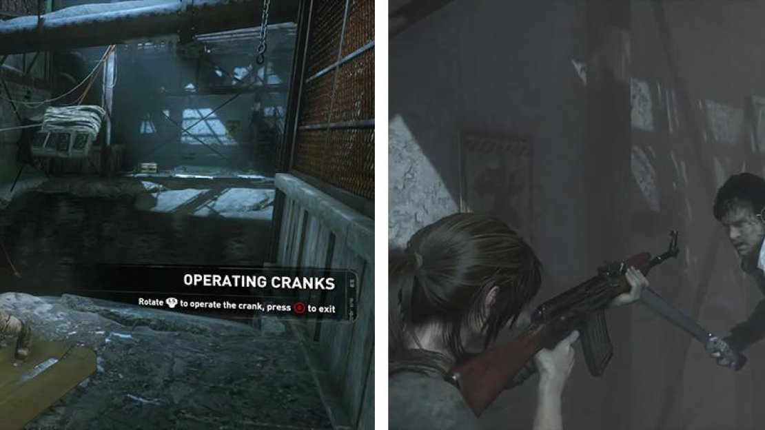 Use the winch to pull the generator out of the water (left). Exit the door and you’ll encounter enemies - shoot them to proceed (right).
