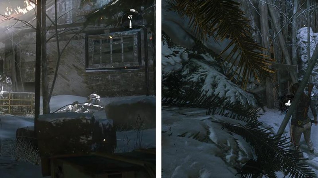 Use cover and projectiles to take down the armored enemies that show up (left). Afterwards look in the snow by the excavator for Survival Cache 07 (right).