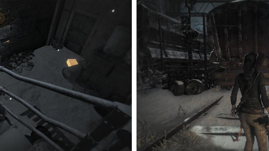 At the bottom of the stairs you’ll find Relic 08 (left). In the train yard you’ll find Survival Cache 09 (right).