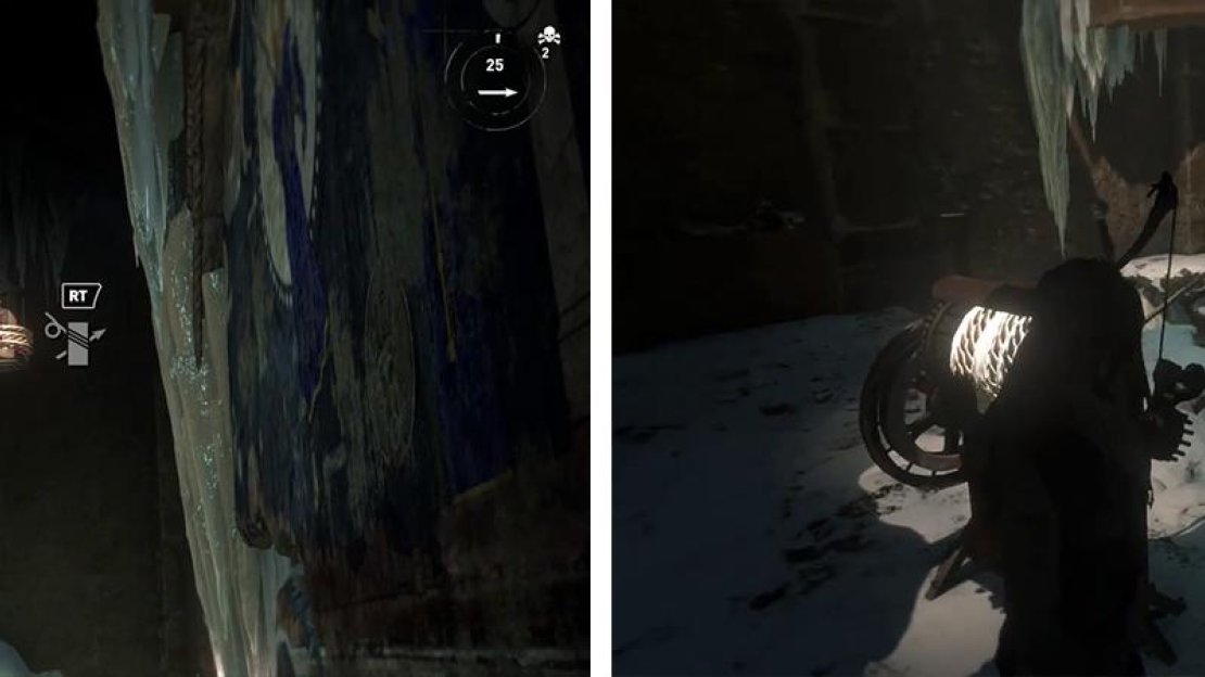 Once the counterweight has been lowered, attach a rope to the cogwheel here (left). Wind it in and cut the rope when the snow starts blowing into the room (right).