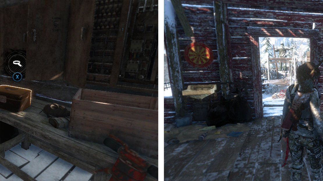 Inside the gate to the left is a building containing Relic 12 (left). Document 19 can be found in the shack opposite the gate (right).
