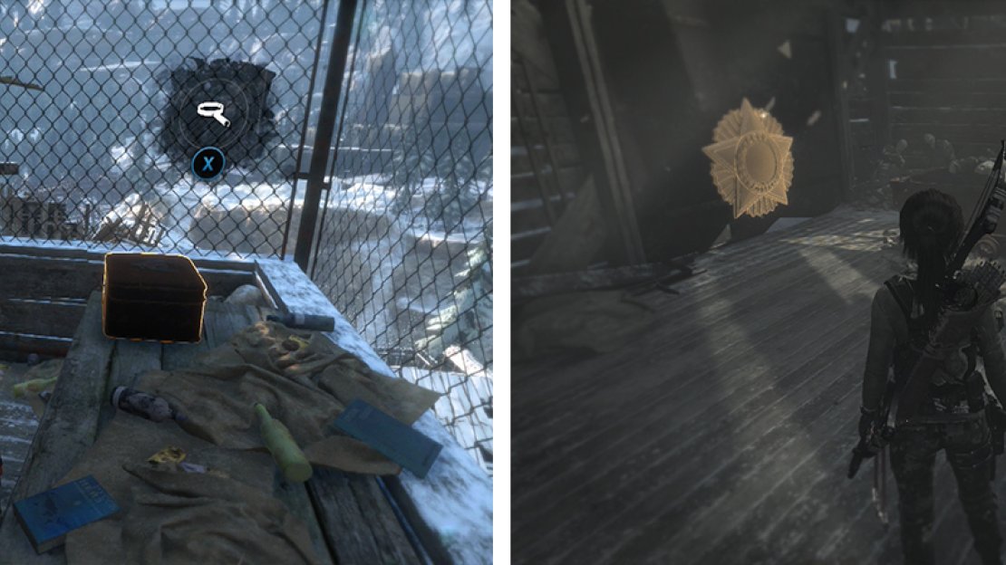 After entering the building you’ll find Relic 16 on a desk (left) and Mural 11 on a wall opposite a rope barrier (right).