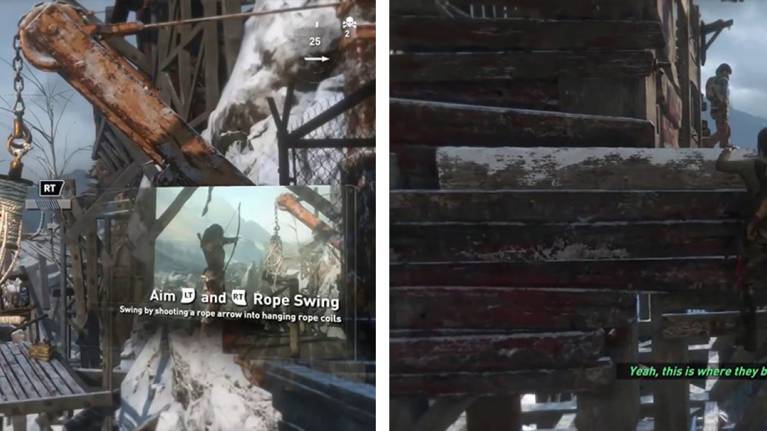 Use a Rope Arrow on the hanging log to swing across the gap (left). Stealth kill the guard at the top of the platforming section (right).