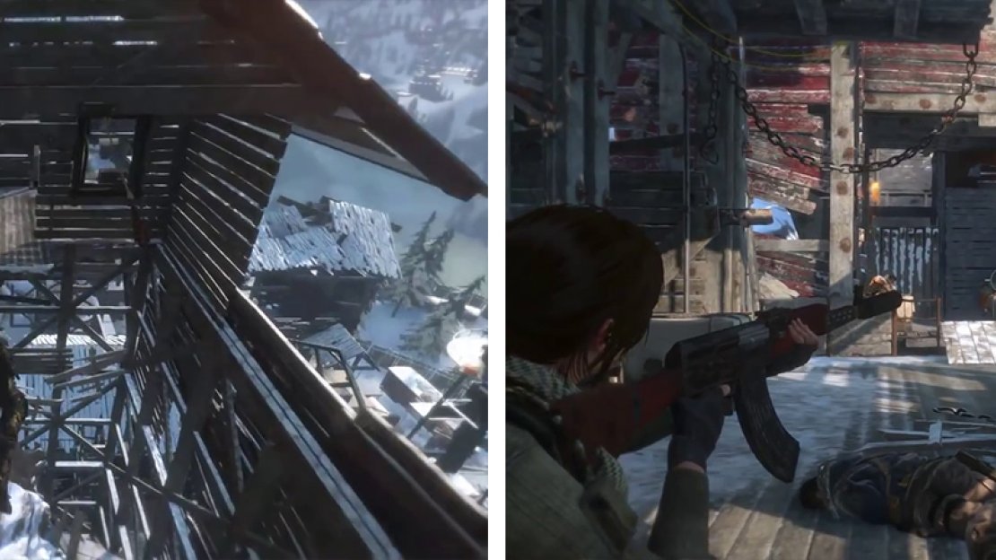 After ziplinging down this rope (left) you’ll immeditaely be attacked. Use your Molotovs, Poison Arrows or rifles to take down the two groups of enemies quickly (right).