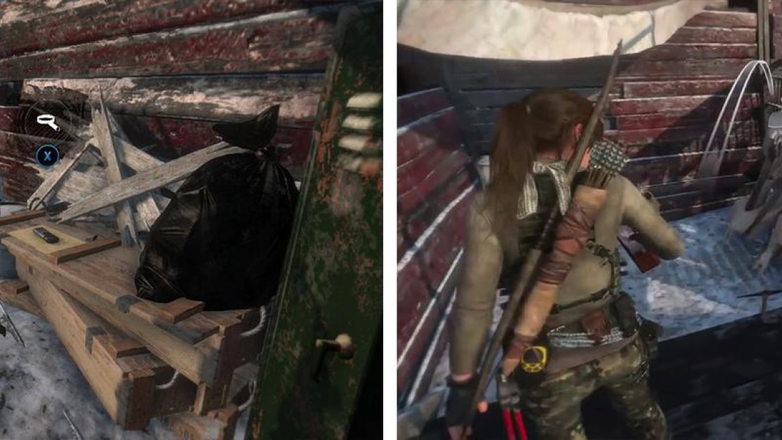 Upon reaching the top of the ladder, you’ll find Document 24 (Left). To its right is a cloth barricade to destroy (right) behind is another Poster and Relic 18.