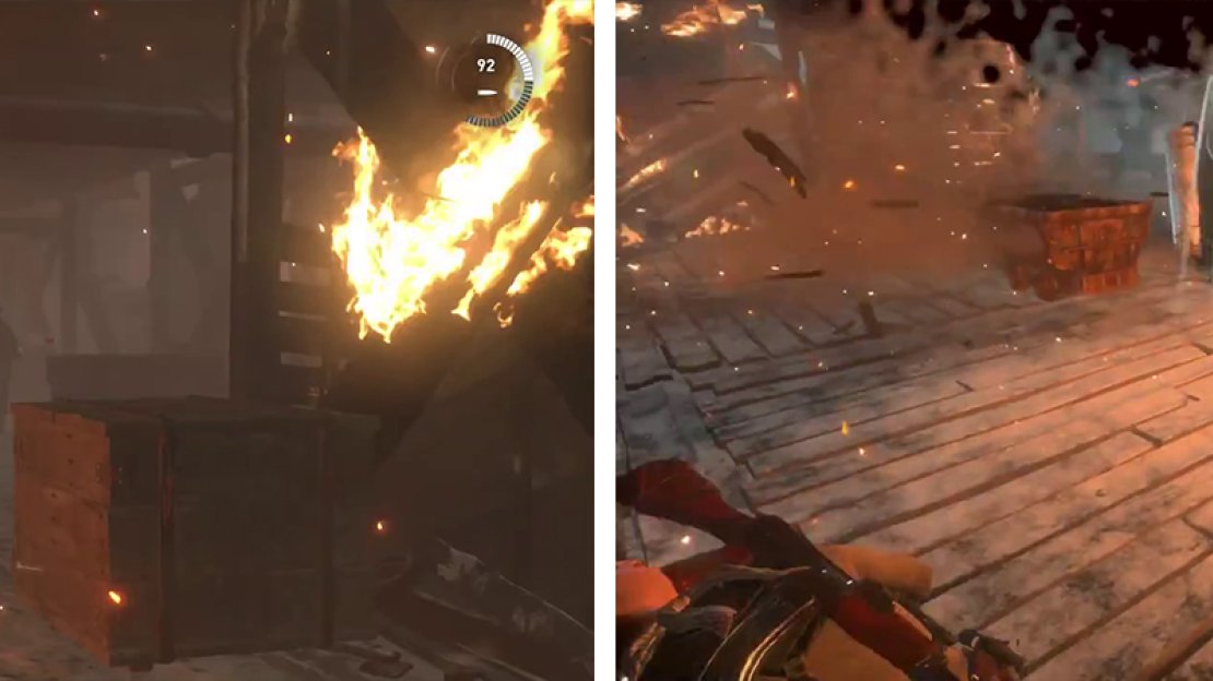 Fight your way through the burning building (left) until you reach the top. When fighting the shield enemies use Molotovs/grenades or lead them through fire to defeat them (right).