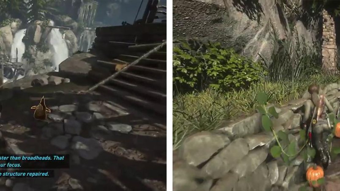 Catch the chickens for the ‘Fowl Play’ challenge (left) and grab the Monolith near the pumpkin patch (right)