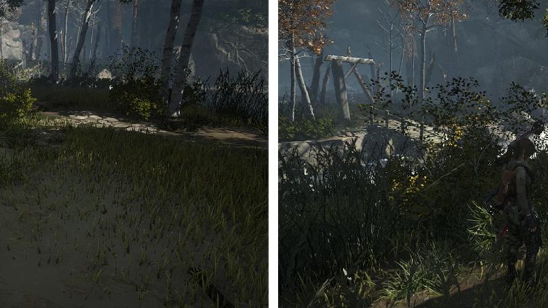 To the east of the village is a small tent with Document 05 (left). At the base of the stone pillar nearby is Mural 01 (right).