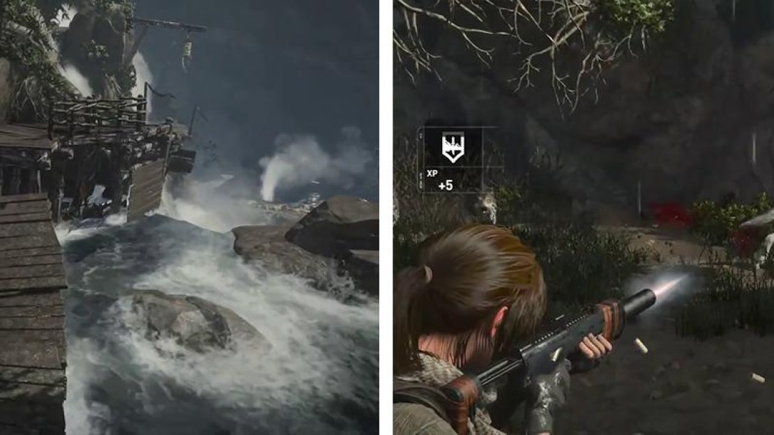Follow the walkway north from the village (left). After crawling through the gap at the end kill the wolves (right) before progressing.