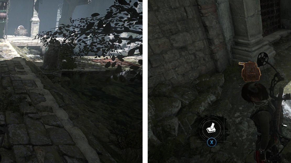 Survival Cache 03 is on the right side of the puzzle room (left). Swim through the underwater tunnel nearby to find Survival Cache 04 and an Explorer’s Satchel (right).