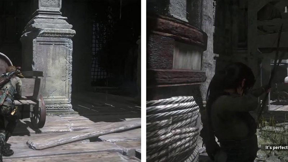 Pull the cart into position (left). Pull the lever with a Rope Arrow to lower the bucket and then attach it to the cart with a Rope Arrow (right).