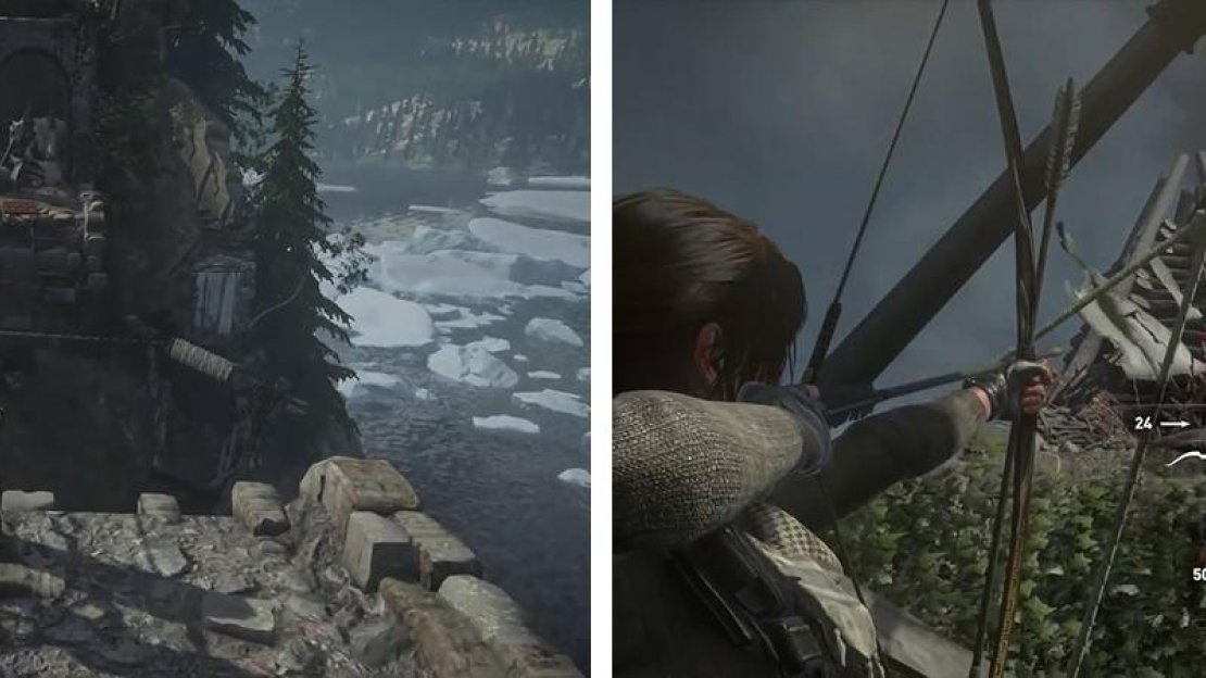 Use a Rope Arrow to reach the island (left). Climb to the top and hit the pyre with a Fire Arrow (right).
