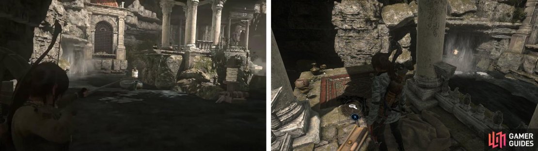The first boat is found behind the central island (left). Upon reaching the island you&rsquo;ll find Document 15 (right).