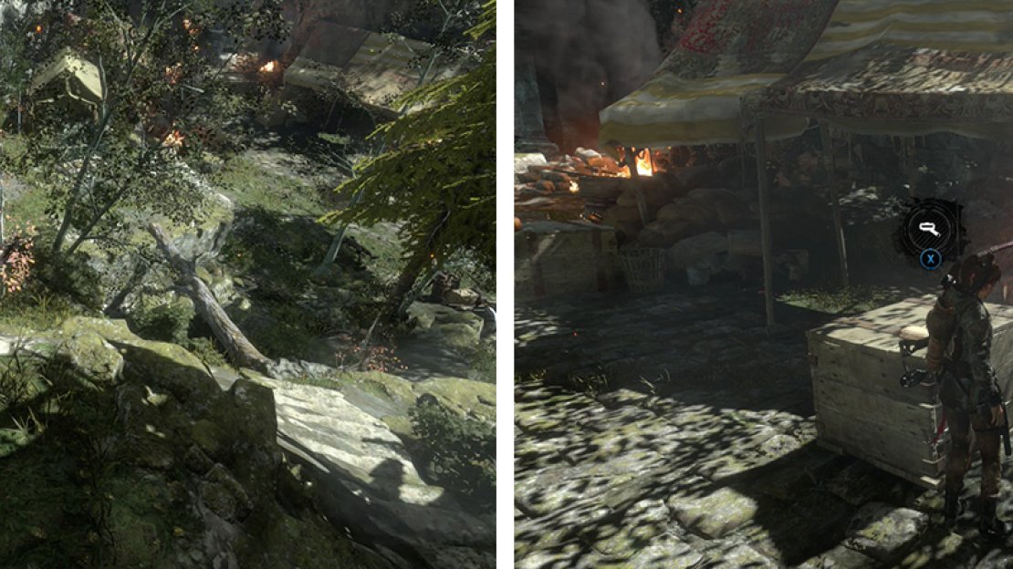 Before enetering town grab Survival Cache 01 (left). Opposite the Base Camp you’ll find Document 02 (right).