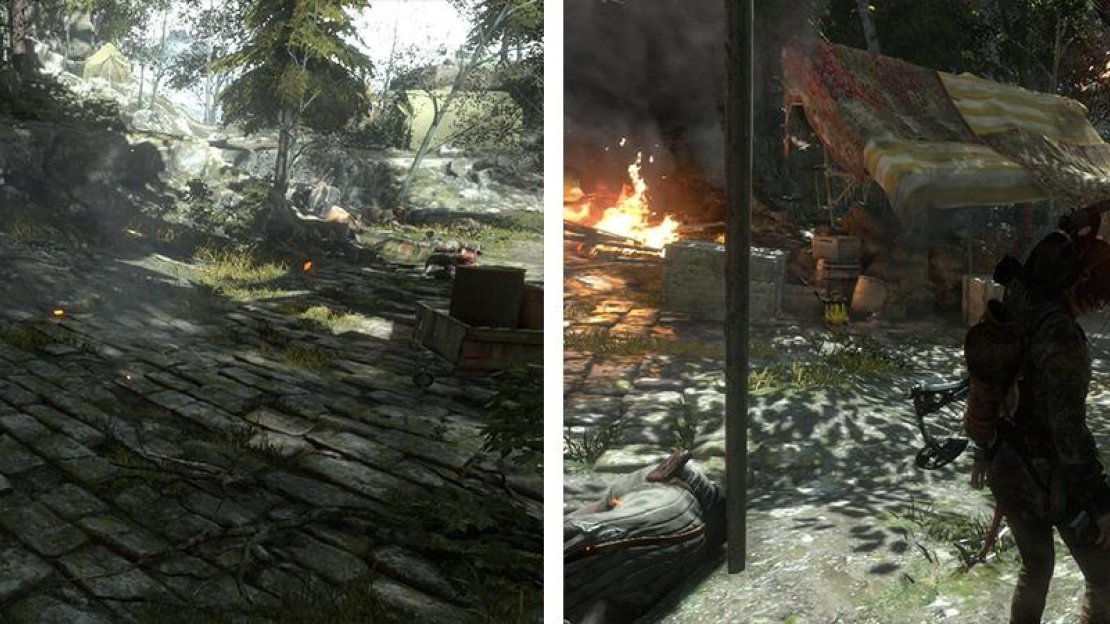 Document 04 can be found at the base of a burning gate to the north (left). Relic 01 is inside a tent by the gate leading to the next area (right).