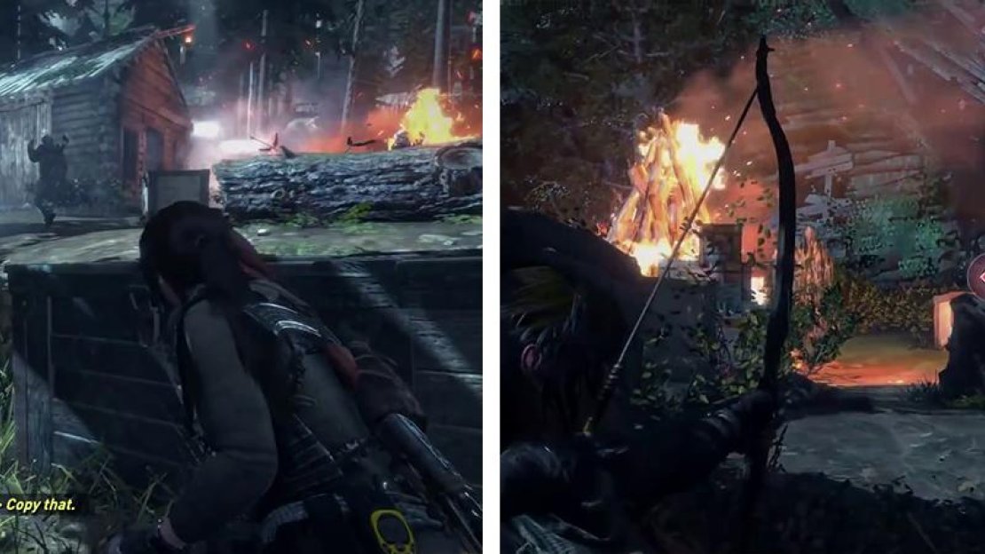 Wait for the patrollers to move left and hit them with a Poison Arrow (left) before taking out the other enemies either stealthily or with your weapons (right).