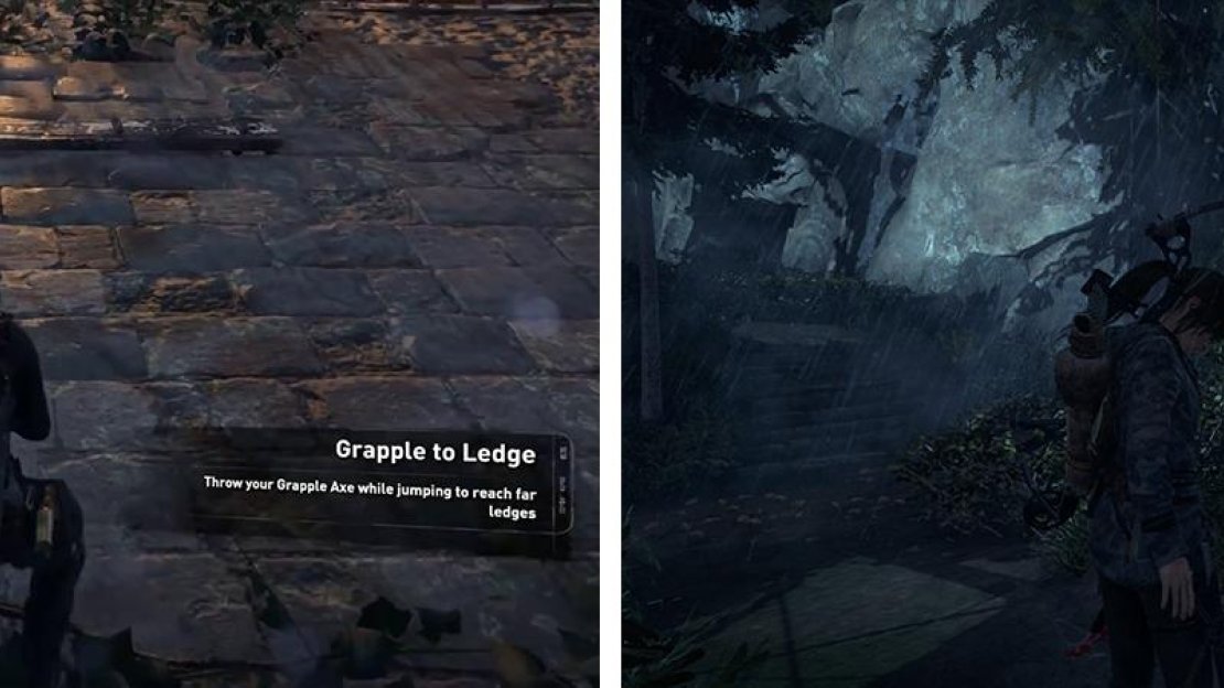 Use the grapple axe to climb to the top of the wall (left). On the other side, look by the spiked wall for Survival Cache 15 (right).