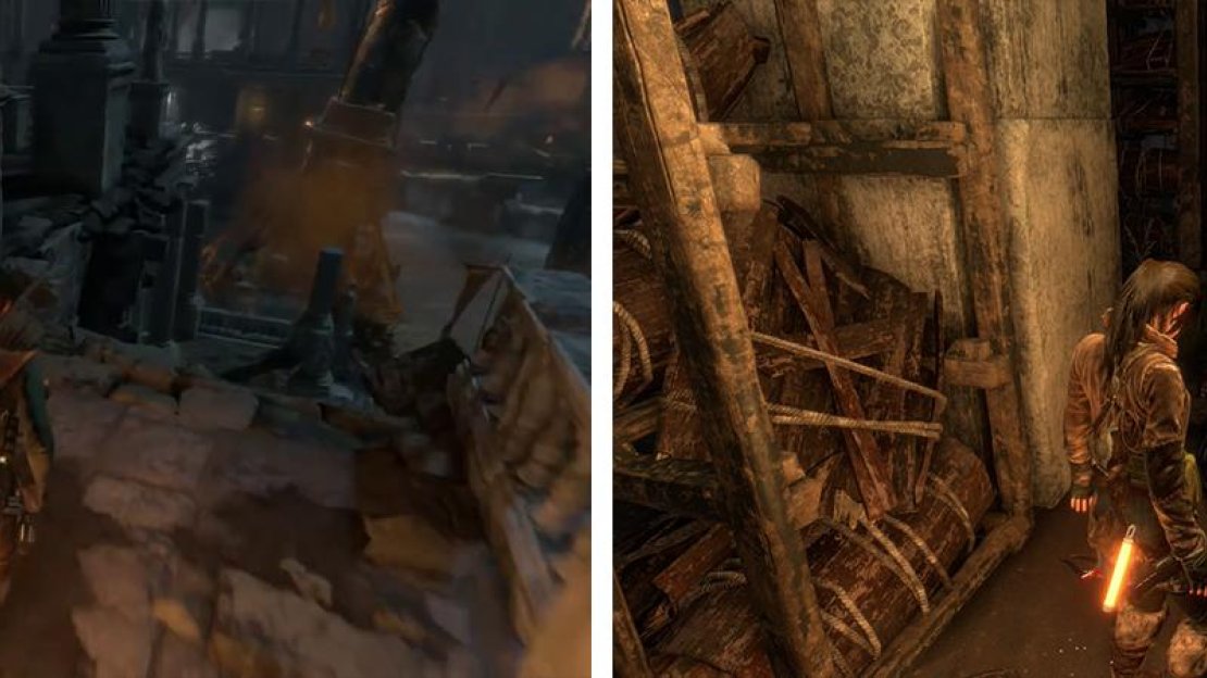 From the balcony, jump across to the left (left) to find Document 04 and a Monolith. Beneath the wooden structure here is a Survival cache (right).