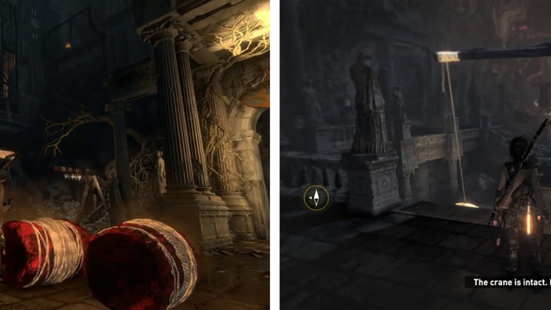 Release barrels from the dispenser (left). Attach a barrel to either end of the wooden beams (right)