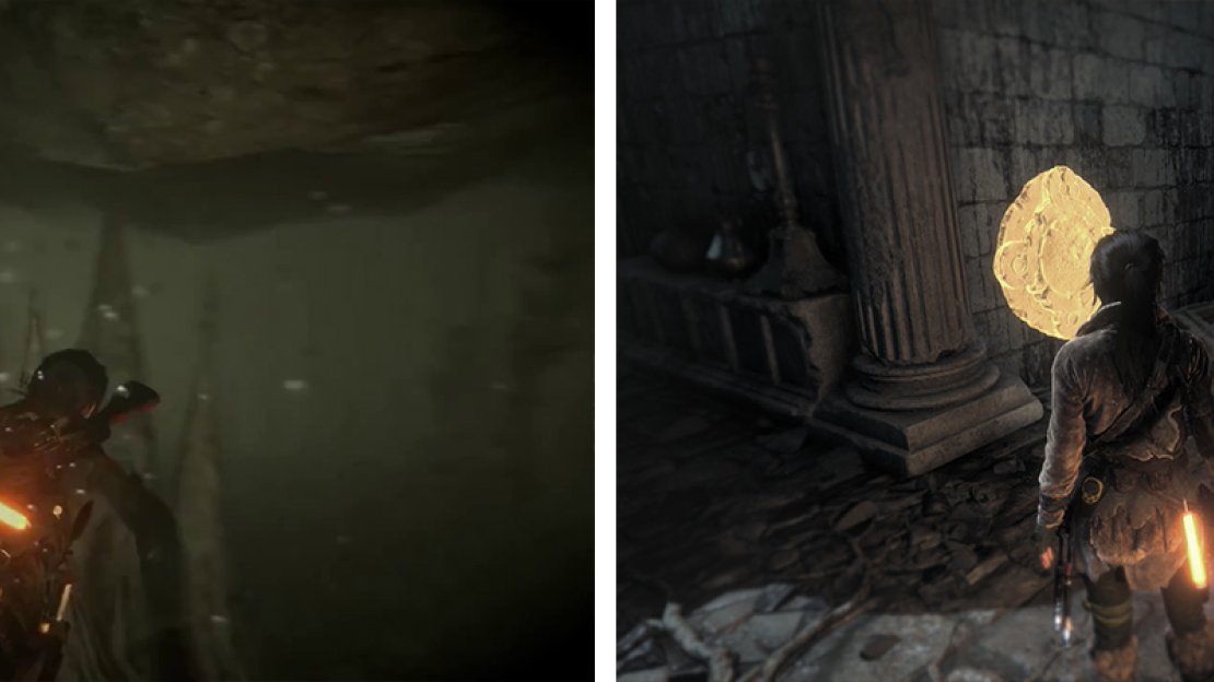 Swim through the underwater tunnels until you can surface (left). Here you can find Strongbox 01 and Mural 02 (right).