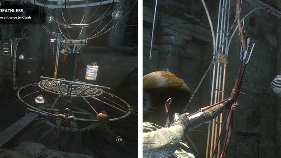 We’ll need to reach the top of the puzzle room (left). Use your Rope Arrows on the globes to rotate sections into place (right).