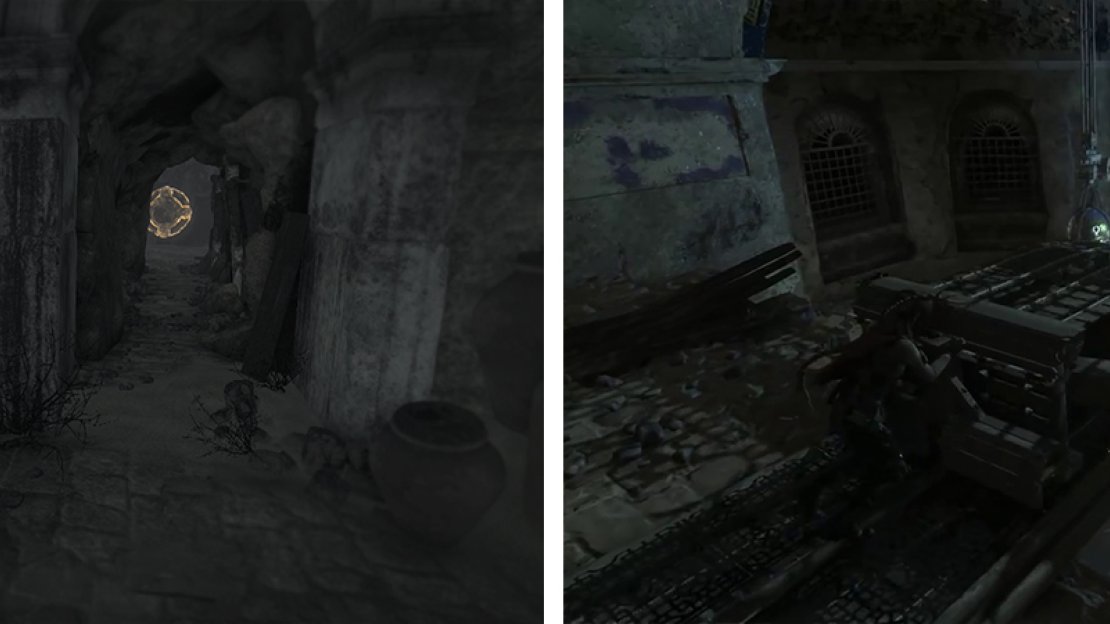 Enter the tunnel to find Mural 01 (left). Push the second lever (right) to activate the mechanism.