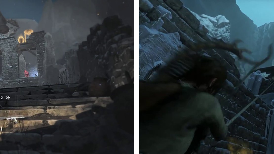 Eliminate the Archers before lighting the pyre on the roof (left). From their location, turn around and pull down the rope barrier for another signal pyre (right).