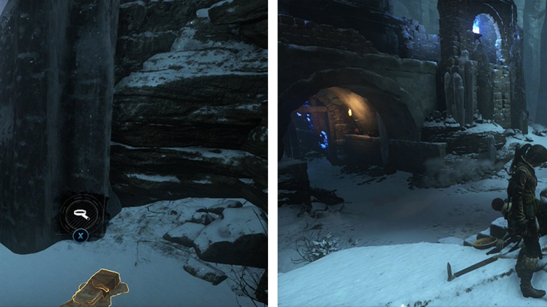 After destroying the gate, look for a ledge to the left with Document 03 (left). At the top of the ramp to the right of the archway is Relic 01 (right).