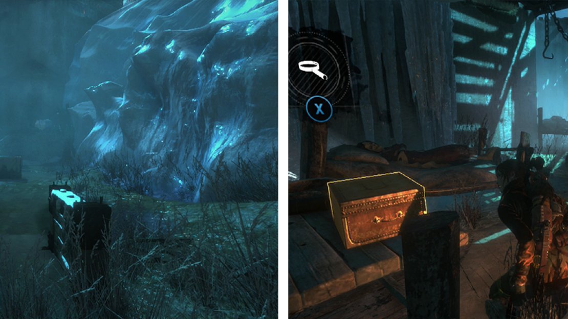 After deciphering the Monolith, Coin Cache 01 is nearby (left). Relic 01 (right) can be found in a building at the base of the stairs by where we ziplined into the area.