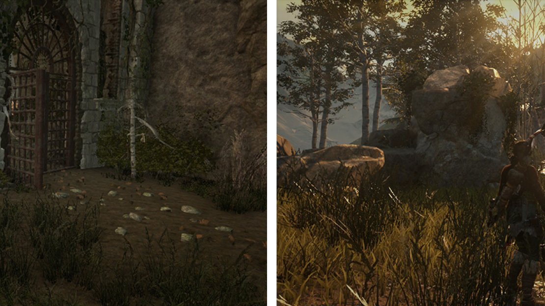 In front of the House of the Afflicted Challenge Tomb is Coin Cache 07 (left). By the guard tower in the southern section of the valley is Coin Cache 08 (right).