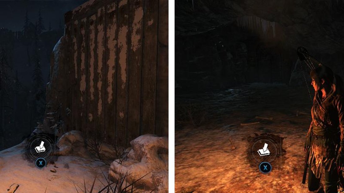 Coin Cache 05 is found halfway up the tall rock structure (left). Coin Cache 06 is located in the cave leading to the Voice of God Challenge Tomb (right).