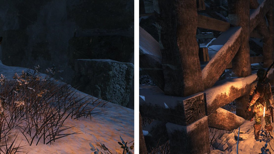 Survival Cache 21 is located at the clifftop near the Copper Mill (left). Coin Cache 08 (right) is behind the silo near the ‘Logging Camp’ Base Camp.